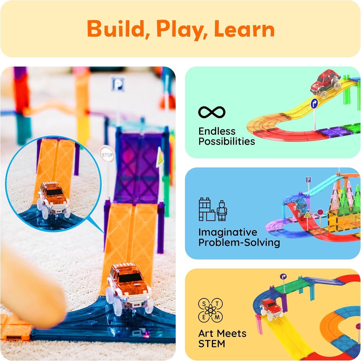 imagePicassoTiles Magnetic Tiles Race Car Track Kit Parking Garage Expansion Pack with 2 Cars Magnet Tile Building Blocks Educational Toy Learning Kit Pretend Play Construction Set Kids Child Ages 3 PTR076 Pcs Race Track Ramp