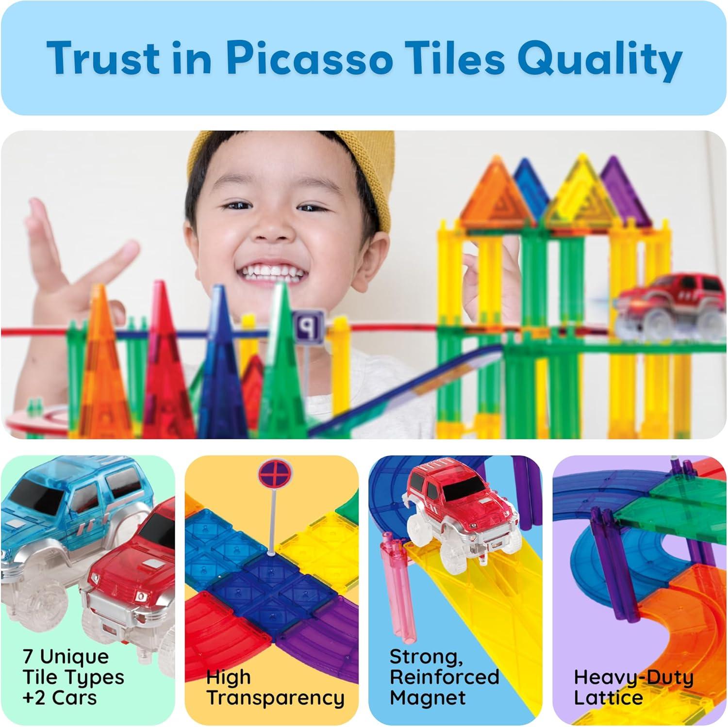 imagePicassoTiles Magnetic Tiles Race Car Track Kit Parking Garage Expansion Pack with 2 Cars Magnet Tile Building Blocks Educational Toy Learning Kit Pretend Play Construction Set Kids Child Ages 3 PTR07100 Pcs Race Car Track Set