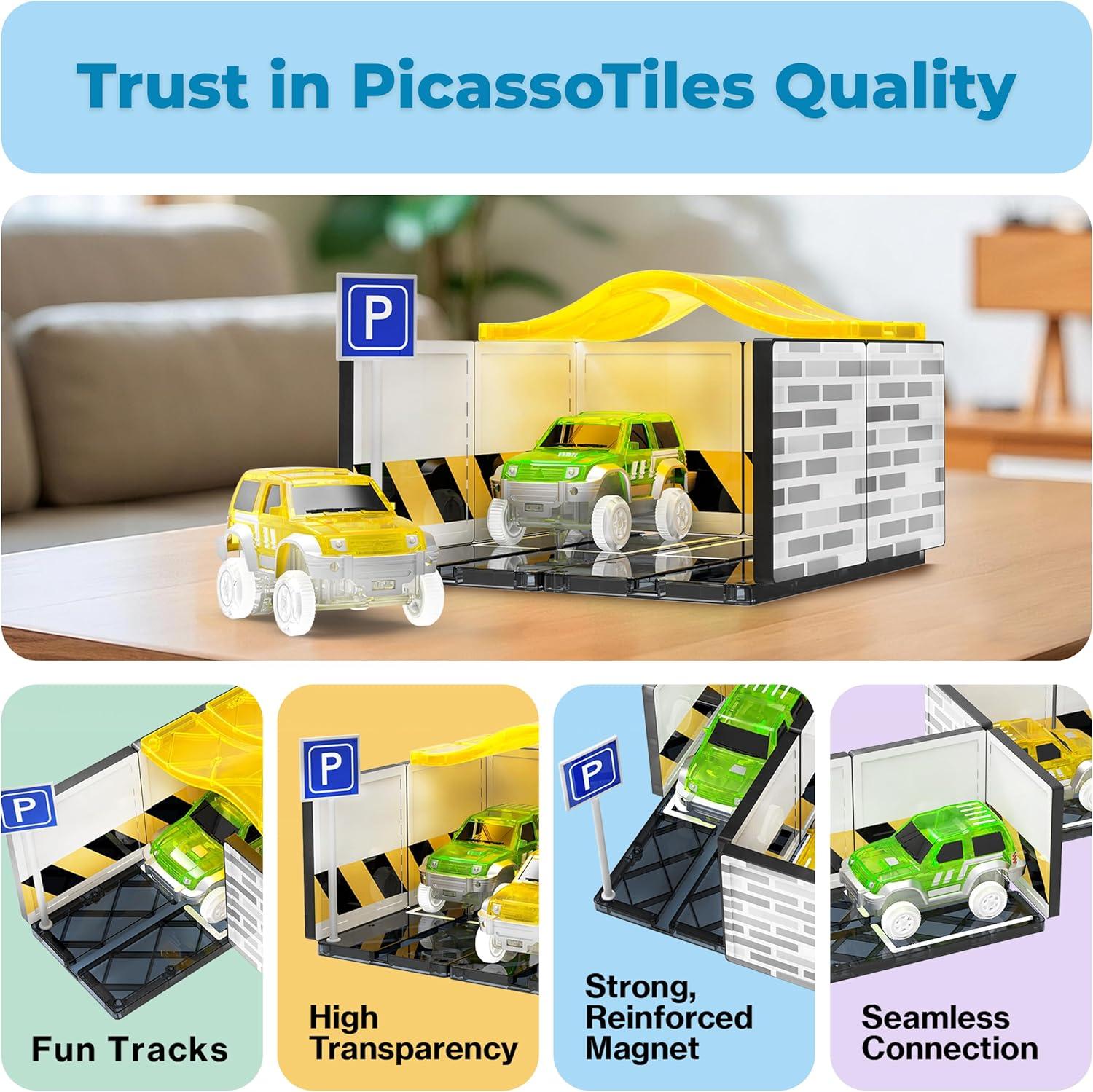 imagePicassoTiles Magnetic Tiles Race Car Track Kit Parking Garage Expansion Pack with 2 Cars Magnet Tile Building Blocks Educational Toy Learning Kit Pretend Play Construction Set Kids Child Ages 3 PTR072 Cars With Garage Race Track