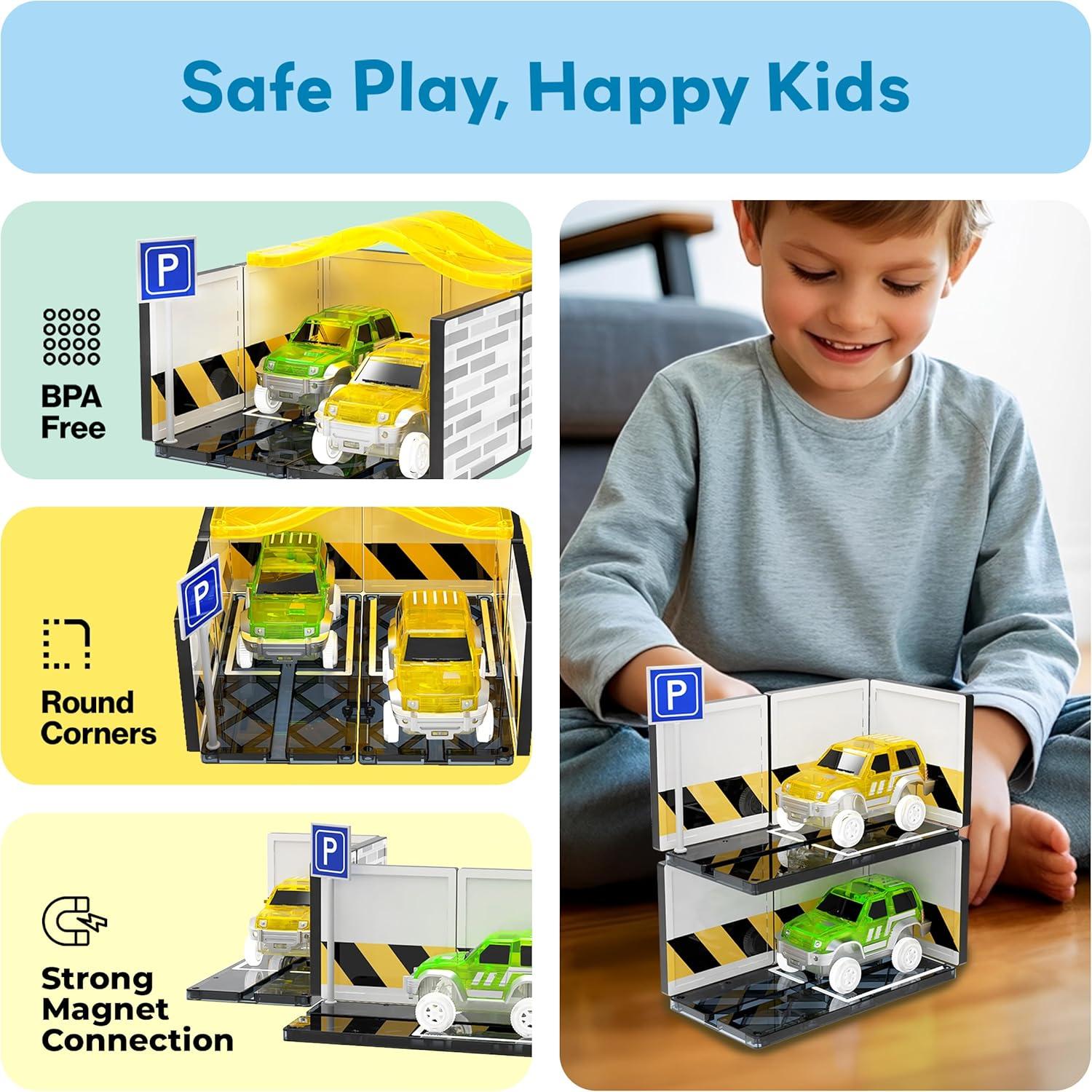 imagePicassoTiles Magnetic Tiles Race Car Track Kit Parking Garage Expansion Pack with 2 Cars Magnet Tile Building Blocks Educational Toy Learning Kit Pretend Play Construction Set Kids Child Ages 3 PTR072 Cars With Garage Race Track