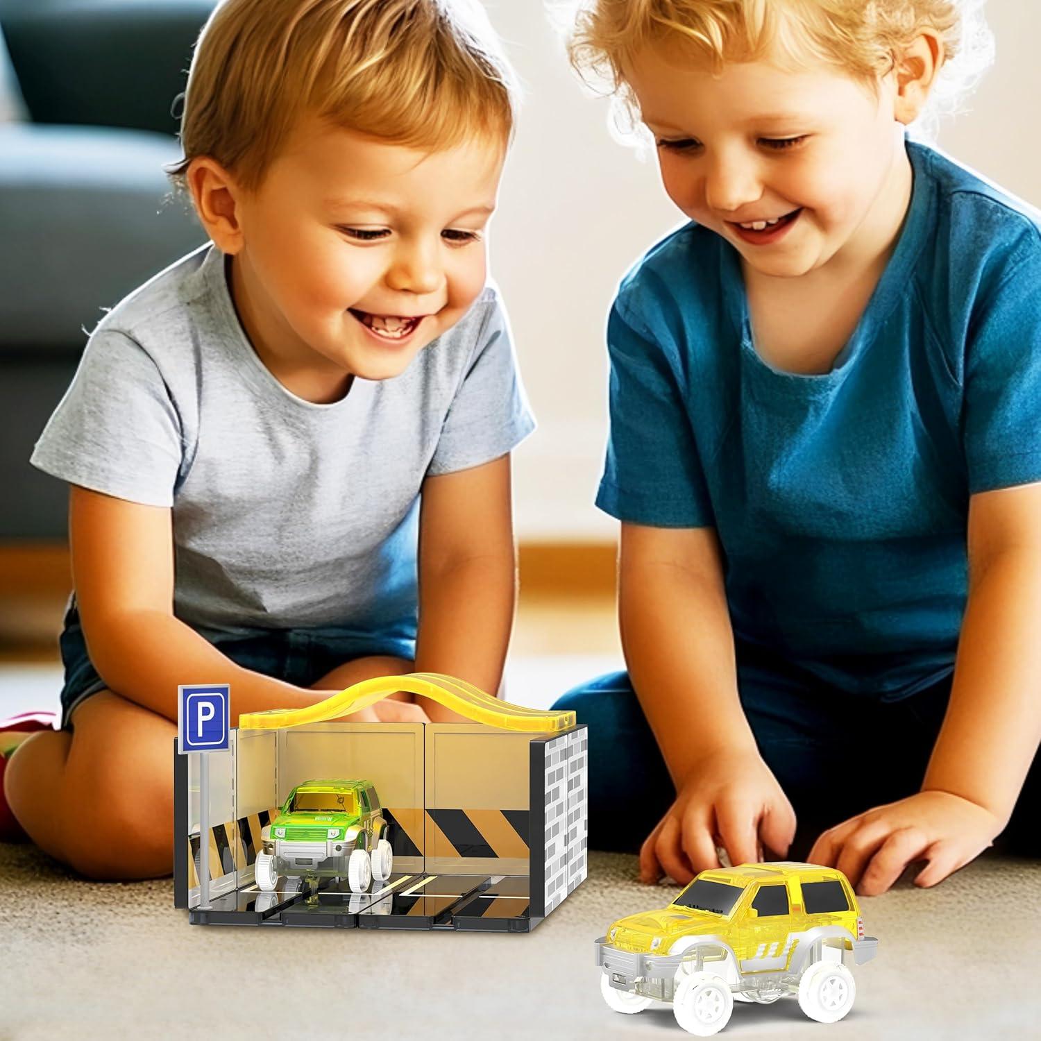 imagePicassoTiles Magnetic Tiles Race Car Track Kit Parking Garage Expansion Pack with 2 Cars Magnet Tile Building Blocks Educational Toy Learning Kit Pretend Play Construction Set Kids Child Ages 3 PTR072 Cars With Garage Race Track