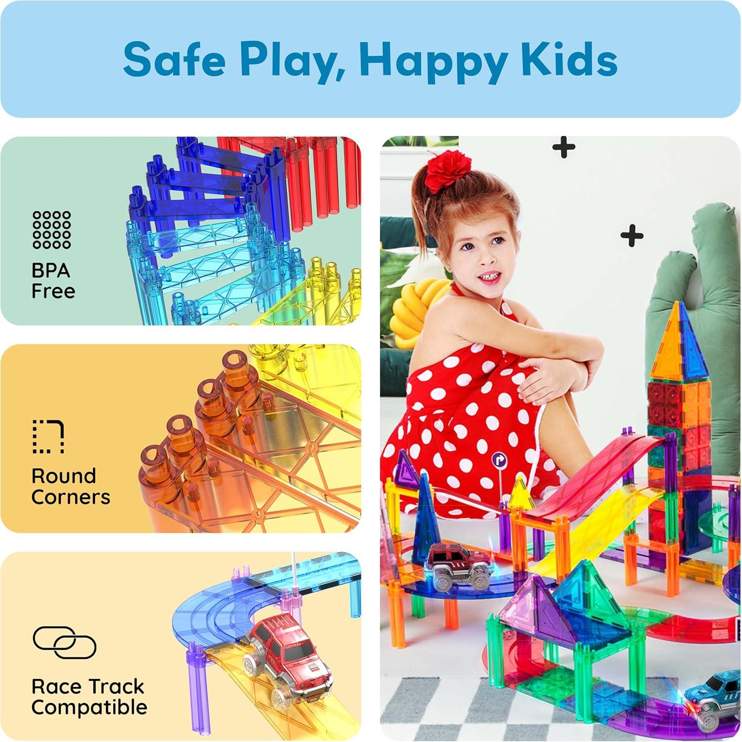imagePicassoTiles Magnetic Tiles Race Car Track Kit Parking Garage Expansion Pack with 2 Cars Magnet Tile Building Blocks Educational Toy Learning Kit Pretend Play Construction Set Kids Child Ages 3 PTR07Multicolor