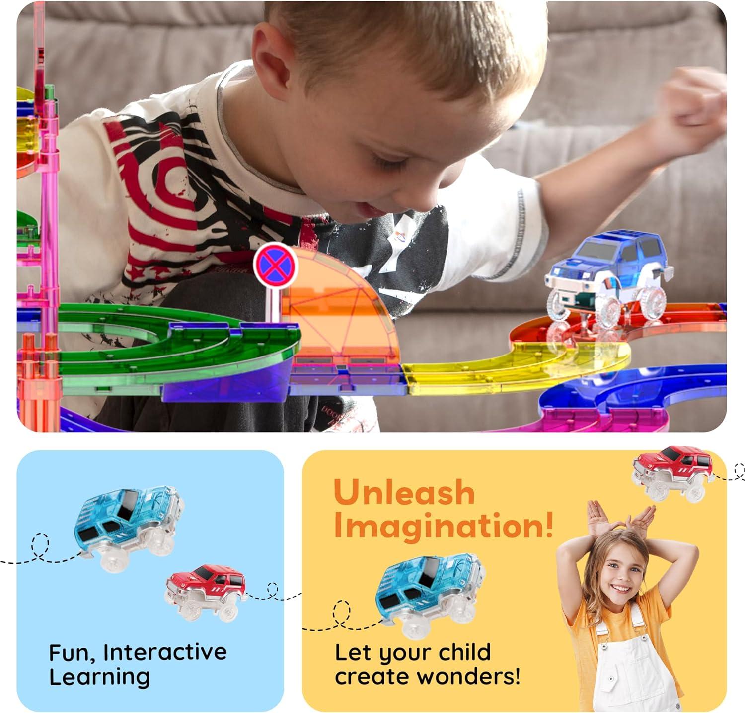 imagePicassoTiles Magnetic Tiles Race Car Track Kit Parking Garage Expansion Pack with 2 Cars Magnet Tile Building Blocks Educational Toy Learning Kit Pretend Play Construction Set Kids Child Ages 3 PTR07100 Pcs Race Car Track Set