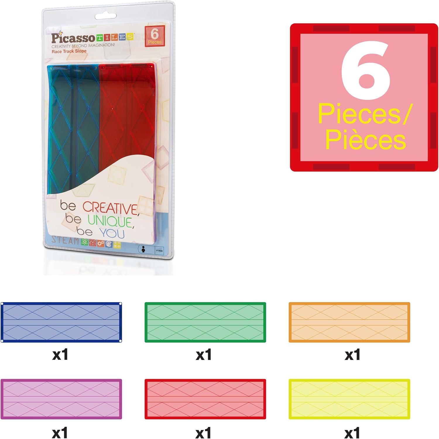 imagePicassoTiles Magnetic Tiles Race Car Track Kit Parking Garage Expansion Pack with 2 Cars Magnet Tile Building Blocks Educational Toy Learning Kit Pretend Play Construction Set Kids Child Ages 3 PTR076 Pcs Race Track Ramp