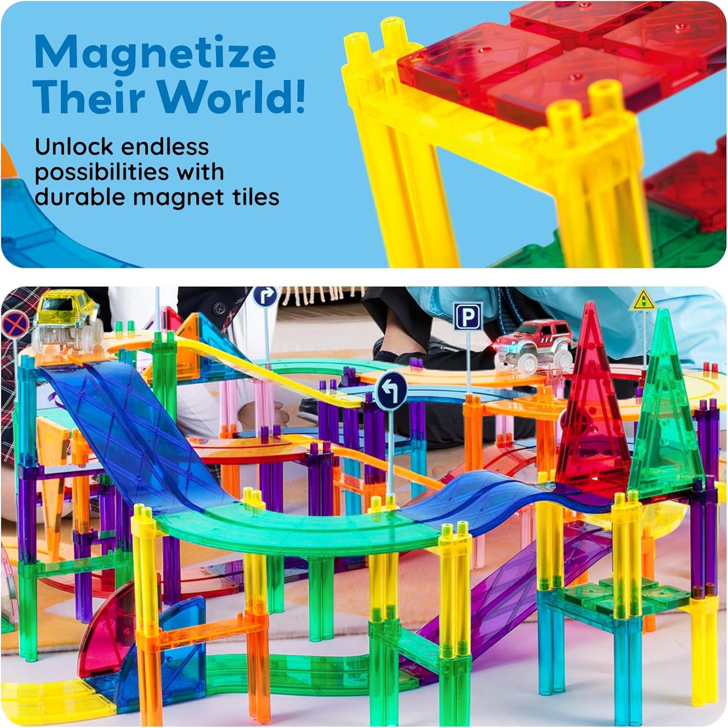 imagePicassoTiles Magnetic Tiles Race Car Track Kit Parking Garage Expansion Pack with 2 Cars Magnet Tile Building Blocks Educational Toy Learning Kit Pretend Play Construction Set Kids Child Ages 3 PTR07128 Pcs Race Car Track Set