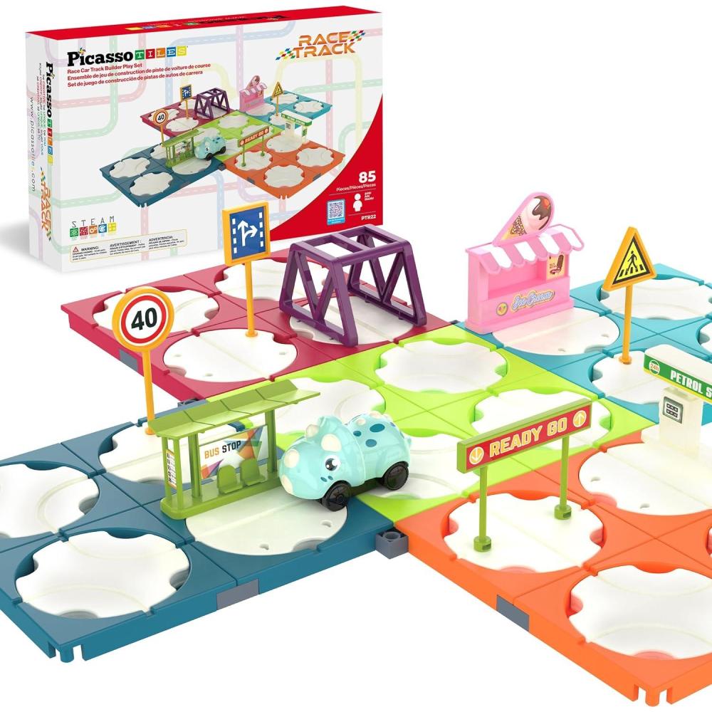 imagePicassoTiles 60pc Race Car Track Builder Set Rotating Reversible Racetracks with School Bus Toy Vehicle and Accessories STEM Learning Construction Building Playset for Toddler Boys Girls Ages 3 PTR2185pc Race Car