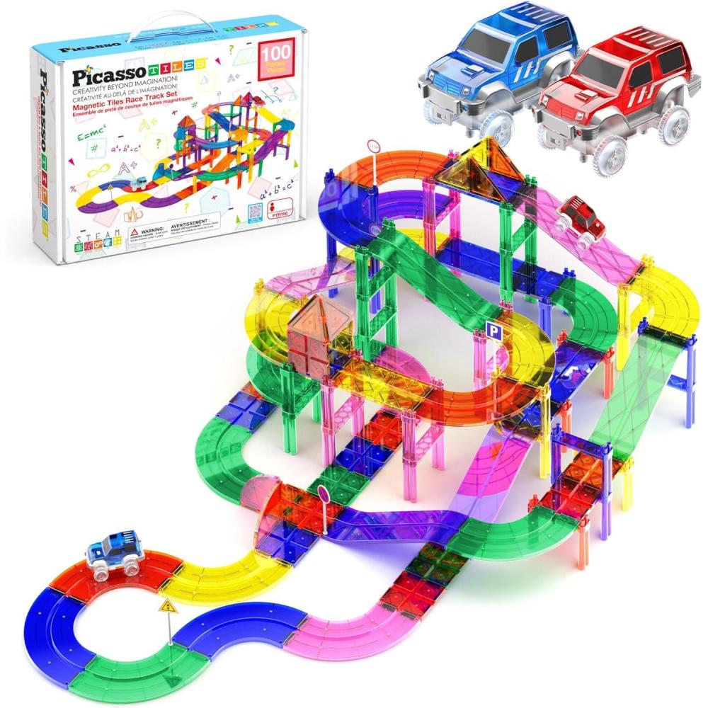 imagePicassoTiles Magnetic Tiles Race Car Track Kit Parking Garage Expansion Pack with 2 Cars Magnet Tile Building Blocks Educational Toy Learning Kit Pretend Play Construction Set Kids Child Ages 3 PTR07100 Pcs Race Car Track Set
