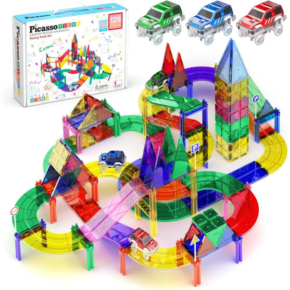 imagePicassoTiles Magnetic Tiles Race Car Track Kit Parking Garage Expansion Pack with 2 Cars Magnet Tile Building Blocks Educational Toy Learning Kit Pretend Play Construction Set Kids Child Ages 3 PTR07128 Pcs Race Car Track Set