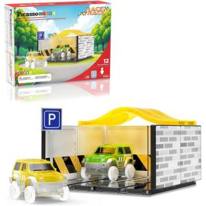imagePicassoTiles Magnetic Tiles Race Car Track Kit Parking Garage Expansion Pack with 2 Cars Magnet Tile Building Blocks Educational Toy Learning Kit Pretend Play Construction Set Kids Child Ages 3 PTR072 Cars With Garage Race Track