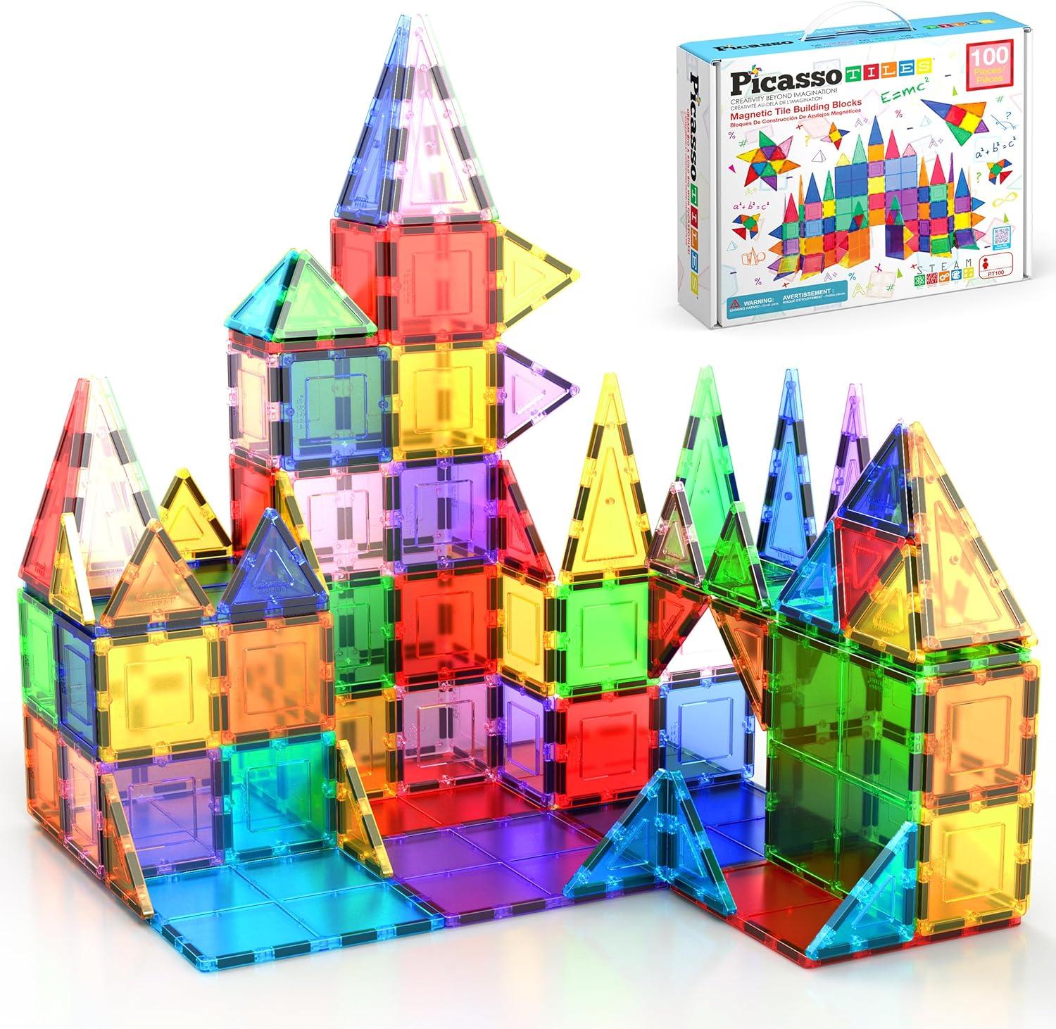 imagePicassoTiles Magnet Building TilesPrincess Castle Theme Magnet Tile with 2 Action Figures Building Blocks Construction Toy Block Stack Magnet Tile Construction Medieval Castle playset