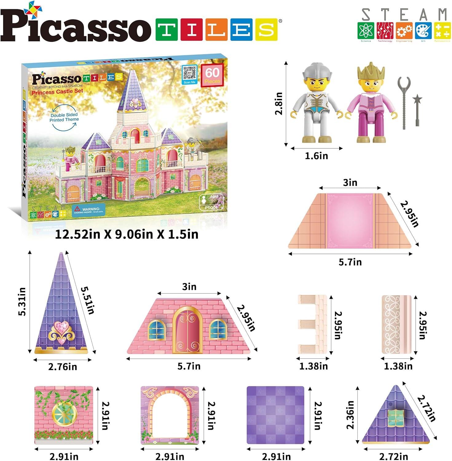 imagePicassoTiles Magnet Building TilesPrincess Castle Theme Magnet Tile with 2 Action Figures Building Blocks Construction Toy Block Stack Magnet Tile Construction Medieval Castle playset
