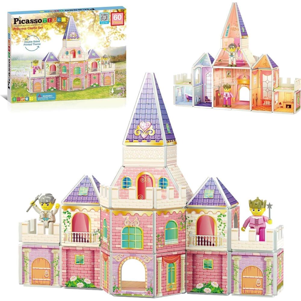 imagePicassoTiles Magnet Building TilesPrincess Castle Theme Magnet Tile with 2 Action Figures Building Blocks Construction Toy Block Stack Magnet Tile Construction Medieval Castle playset