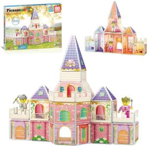 imagePicassoTiles Magnet Building TilesPrincess Castle Theme Magnet Tile with 2 Action Figures Building Blocks Construction Toy Block Stack Magnet Tile Construction Medieval Castle playset
