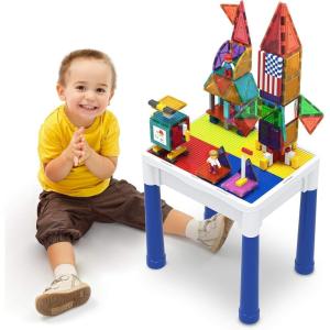 imagePicassoTiles 585pc Kids Activity Table Magnetic Tiles and Building Bricks STEM Pretend Play Learning with Reversible Brick Whiteboard Tabletop Storage Bins and AddOn Toys Boys Girls Ages 3 PBT585316 PCs Magnetic TilesBrickWater Container