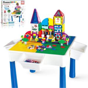 imagePicassoTiles 585pc Kids Activity Table Magnetic Tiles and Building Bricks STEM Pretend Play Learning with Reversible Brick Whiteboard Tabletop Storage Bins and AddOn Toys Boys Girls Ages 3 PBT585585pc Magnetic Tiles and Bricks and Whiteboard