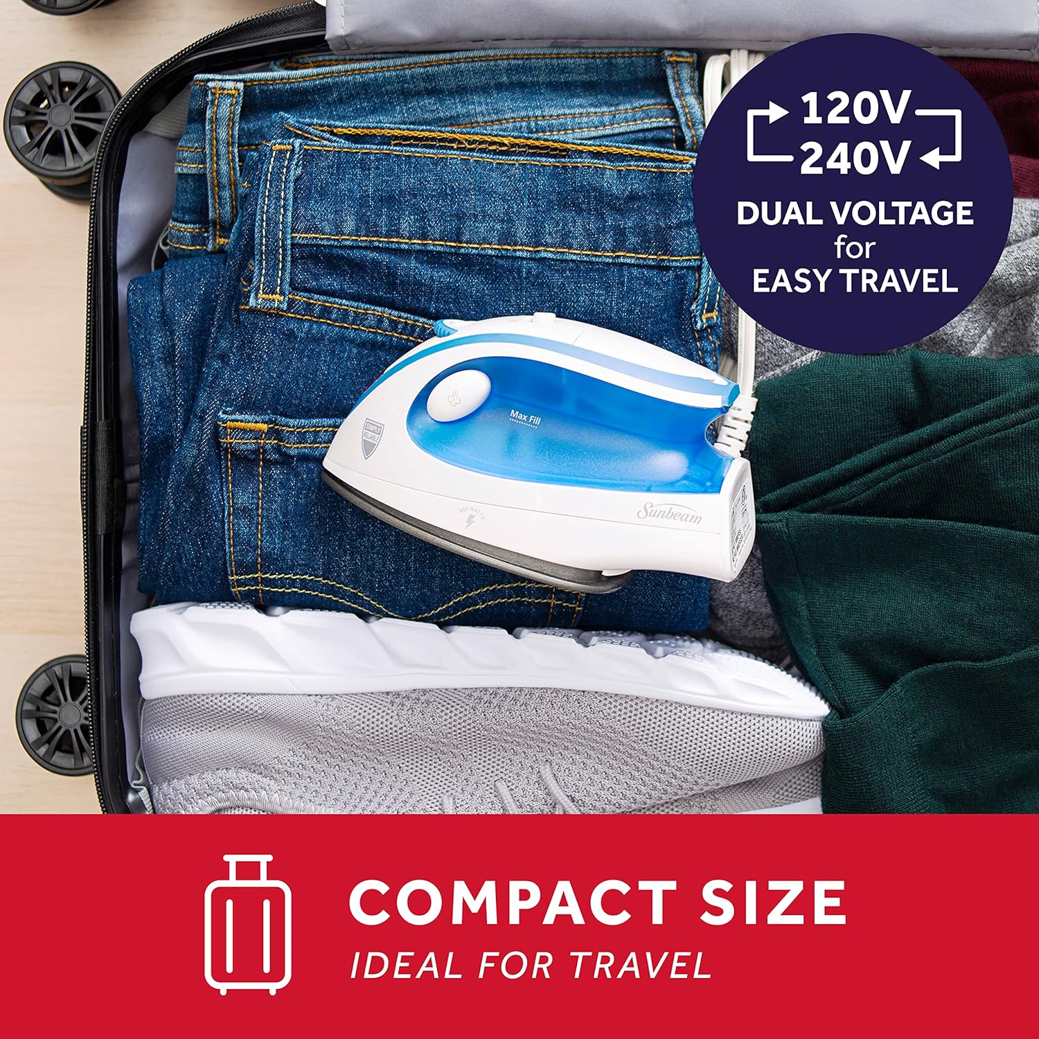 Sunbeam Travel Steam Iron 1080 Watt Dual Voltage 120240 Compact Size Portable NonStick Soleplate Soft Touch Handle Horizontal or Vertical Use Travel Bag White and TealLight Blue