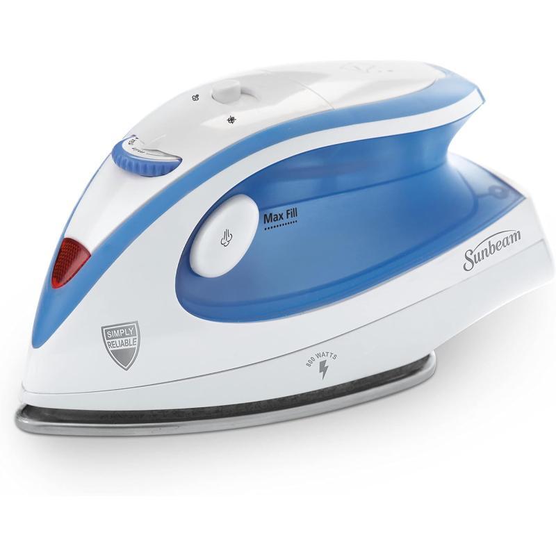 Sunbeam Travel Steam Iron 1080 Watt Dual Voltage 120240 Compact Size Portable NonStick Soleplate Soft Touch Handle Horizontal or Vertical Use Travel Bag White and TealLight Blue