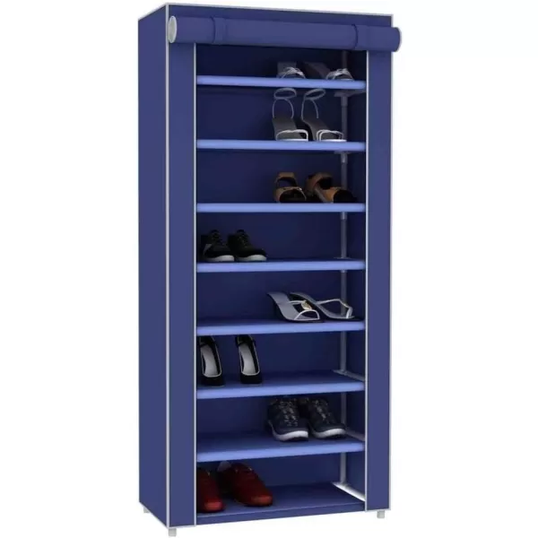 Multipurpose Portable Dust Free Wardrobe Storage Closet Rack For Shoes and Clothing 7 TierFits 24 Pairs of Shoes Heavy Duty Non Woven Material With Roll Down Cover Navy By Home BasicsGrey