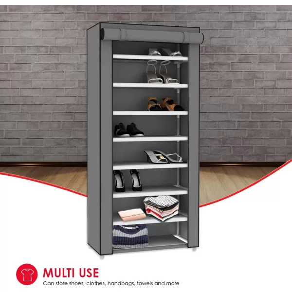 Multipurpose Portable Dust Free Wardrobe Storage Closet Rack For Shoes and Clothing 7 TierFits 24 Pairs of Shoes Heavy Duty Non Woven Material With Roll Down Cover Navy By Home BasicsGrey