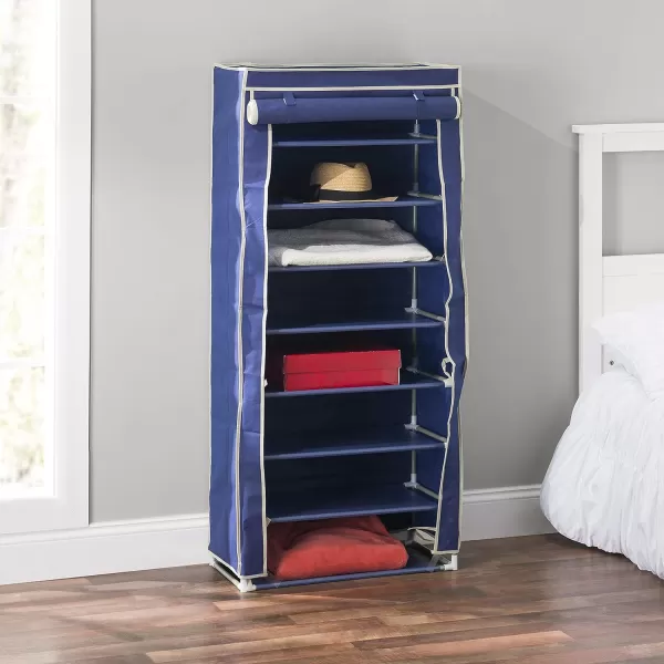 Multipurpose Portable Dust Free Wardrobe Storage Closet Rack For Shoes and Clothing 7 TierFits 24 Pairs of Shoes Heavy Duty Non Woven Material With Roll Down Cover Navy By Home BasicsNavy