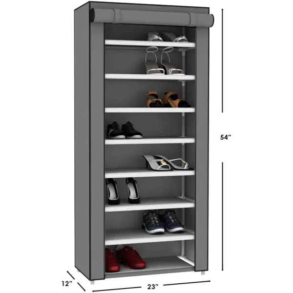 Multipurpose Portable Dust Free Wardrobe Storage Closet Rack For Shoes and Clothing 7 TierFits 24 Pairs of Shoes Heavy Duty Non Woven Material With Roll Down Cover Navy By Home BasicsGrey