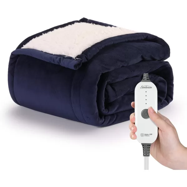 Sunbeam Royal Mink Sherpa Heated Throw Electric Blanket 50 x 60 4 Heat Settings 4Hour Auto ShutOff Warming Throw for Couch Fast Heating Machine Washable Warm and Cozy Grey Cape PaisleyAdmiral Blue