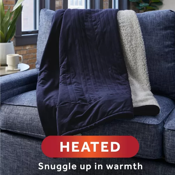 Sunbeam Royal Mink Sherpa Heated Throw Electric Blanket 50 x 60 4 Heat Settings 4Hour Auto ShutOff Warming Throw for Couch Fast Heating Machine Washable Warm and Cozy Grey Cape PaisleyAdmiral Blue