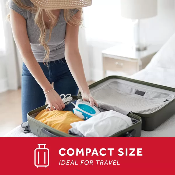 Sunbeam Travel Steam Iron 1080 Watt Dual Voltage 120240 Compact Size Portable NonStick Soleplate Soft Touch Handle Horizontal or Vertical Use Travel Bag White and TealTeal