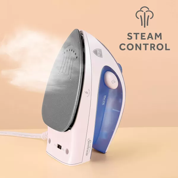 Sunbeam Travel Steam Iron 1080 Watt Dual Voltage 120240 Compact Size Portable NonStick Soleplate Soft Touch Handle Horizontal or Vertical Use Travel Bag White and TealLight Blue