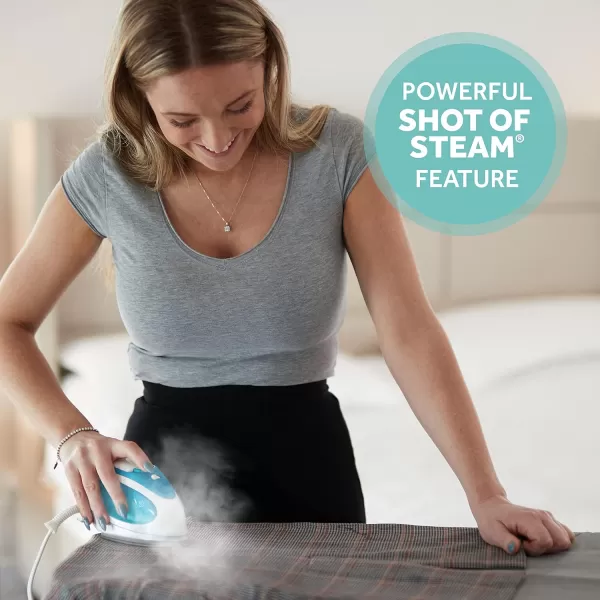 Sunbeam Travel Steam Iron 1080 Watt Dual Voltage 120240 Compact Size Portable NonStick Soleplate Soft Touch Handle Horizontal or Vertical Use Travel Bag White and TealTeal