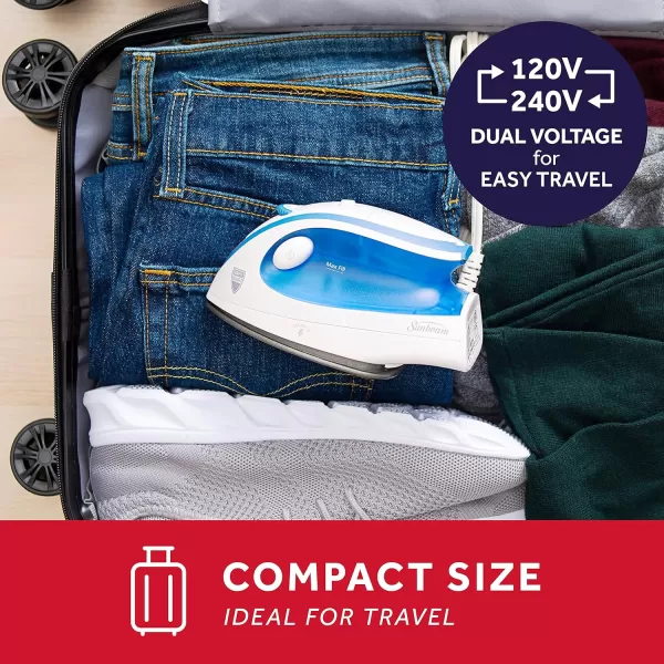 Sunbeam Travel Steam Iron 1080 Watt Dual Voltage 120240 Compact Size Portable NonStick Soleplate Soft Touch Handle Horizontal or Vertical Use Travel Bag White and TealLight Blue