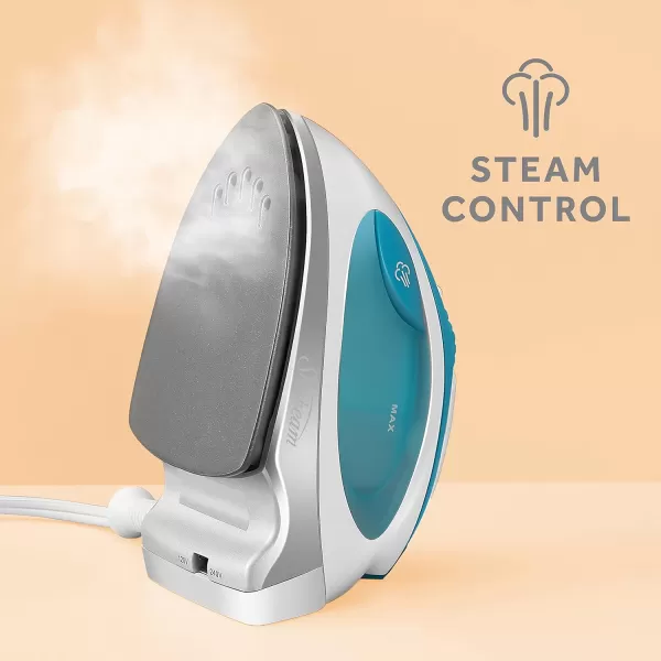Sunbeam Travel Steam Iron 1080 Watt Dual Voltage 120240 Compact Size Portable NonStick Soleplate Soft Touch Handle Horizontal or Vertical Use Travel Bag White and TealTeal