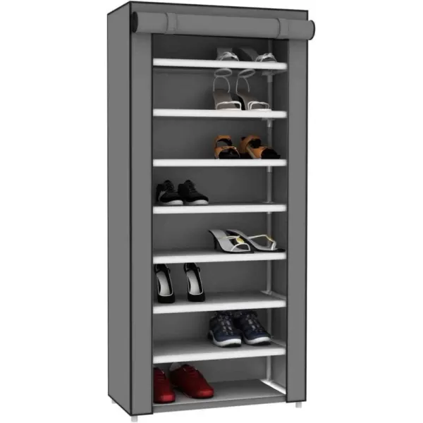 Multipurpose Portable Dust Free Wardrobe Storage Closet Rack For Shoes and Clothing 7 TierFits 24 Pairs of Shoes Heavy Duty Non Woven Material With Roll Down Cover Navy By Home BasicsGrey