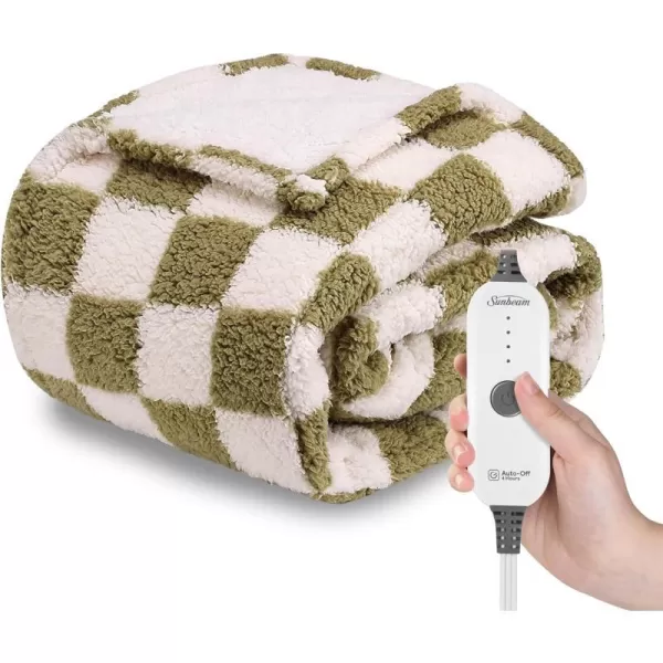 Sunbeam Printed Royal Sherpa Foot Pocket Heated Throw Electric Blanket 50 x 60 4 Heat Settings 4Hour Auto ShutOff Warming Cozy Throw for Couch Sofa or Bed Machine Washable Blue LeopardSage Checkerboard