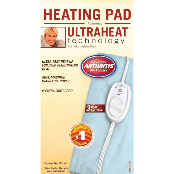 Sunbeam Heating Pad for Pain Relief  Standard Size Ultra Heat 3 Heat Settings  Light Blue 12 Inch x 15 InchUltraHeat 12 x 15