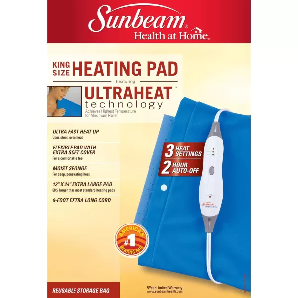 Sunbeam Heating Pad for Pain Relief  XL King Ultra Heat 3 Heat Settings with Moist Heat  Blue 12 Inch x 24 InchSunbeam Heating Pad for Pain Relief  XL King Ultra Heat 3 Heat Settings with Moist Heat  Blue 12 Inch x 24 Inch