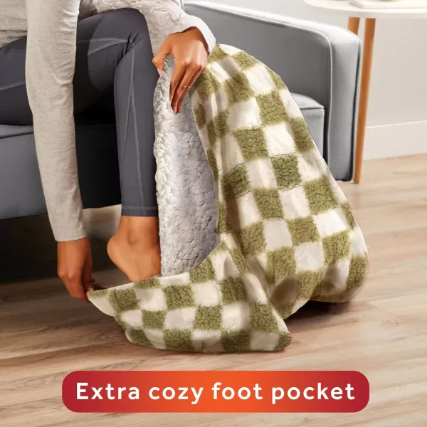 Sunbeam Printed Royal Sherpa Foot Pocket Heated Throw Electric Blanket 50 x 60 4 Heat Settings 4Hour Auto ShutOff Warming Cozy Throw for Couch Sofa or Bed Machine Washable Sage CheckerboardMedium Sage Checkerboard