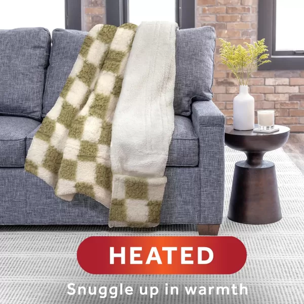 Sunbeam Printed Royal Sherpa Foot Pocket Heated Throw Electric Blanket 50 x 60 4 Heat Settings 4Hour Auto ShutOff Warming Cozy Throw for Couch Sofa or Bed Machine Washable Sage CheckerboardMedium Sage Checkerboard