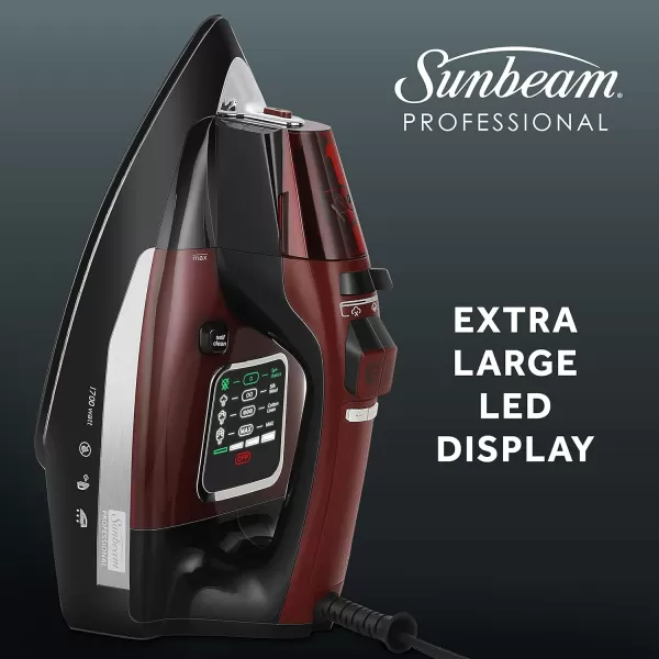 Sunbeam Professional Steam Iron 1700 Watt Large Nonstick Ceramic Soleplate Horizontal or Vertical Shot of Steam Self Cleaning Large LED Screen and Bright LED Lights 8 Swivel Cord BlackRedSunbeam Professional Steam Iron 1700 Watt Large Nonstick Ceramic Soleplate Horizontal or Vertical Shot of Steam Self Cleaning Large LED Screen and Bright LED Lights 8 Swivel Cord BlackRed