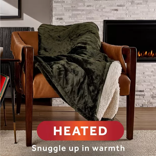 Sunbeam Quilted Royal Posh Velvet Reverse Sherpa Heated Throw Electric Blanket 50 x 60 4 Heat Settings 4Hour Auto ShutOff Warming Cozy Throw for Couch Sofa or Bed Machine Washable OliveMedium Olive