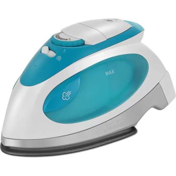 Sunbeam Hot2Trot Travel Steam Iron 800 Watt Dual Voltage 120240 Compact Size Portable NonStick Soleplate Soft Touch Handle Horizontal or Vertical Use White and BlueTeal