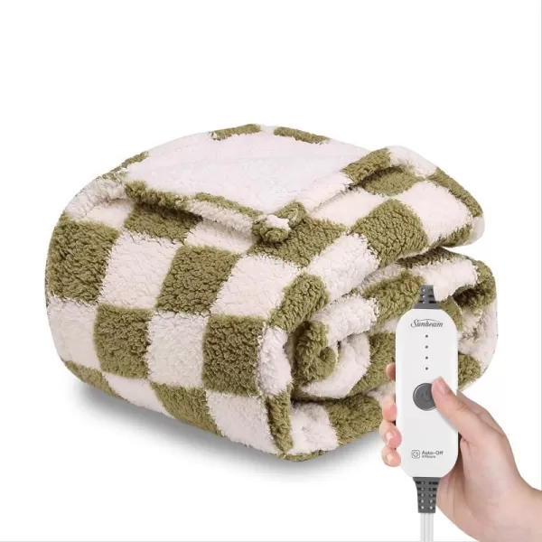 Sunbeam Printed Royal Sherpa Foot Pocket Heated Throw Electric Blanket 50 x 60 4 Heat Settings 4Hour Auto ShutOff Warming Cozy Throw for Couch Sofa or Bed Machine Washable Sage CheckerboardMedium Sage Checkerboard