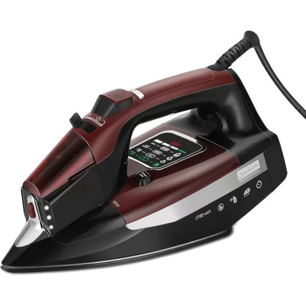 Sunbeam Professional Steam Iron 1700 Watt Large Nonstick Ceramic Soleplate Horizontal or Vertical Shot of Steam Self Cleaning Large LED Screen and Bright LED Lights 8 Swivel Cord BlackRedSunbeam Professional Steam Iron 1700 Watt Large Nonstick Ceramic Soleplate Horizontal or Vertical Shot of Steam Self Cleaning Large LED Screen and Bright LED Lights 8 Swivel Cord BlackRed