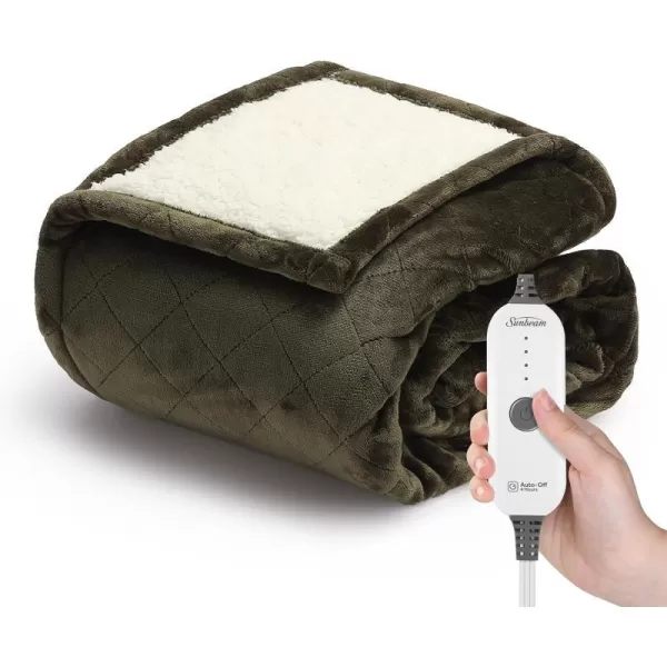 Sunbeam Quilted Royal Posh Velvet Reverse Sherpa Heated Throw Electric Blanket 50 x 60 4 Heat Settings 4Hour Auto ShutOff Warming Cozy Throw for Couch Sofa or Bed Machine Washable OliveMedium Olive