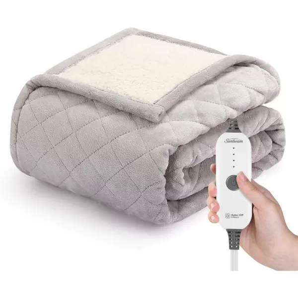 Sunbeam Quilted Royal Posh Velvet Reverse Sherpa Heated Throw Electric Blanket 50 x 60 4 Heat Settings 4Hour Auto ShutOff Warming Cozy Throw for Couch Sofa or Bed Machine Washable OliveMedium Dove Grey