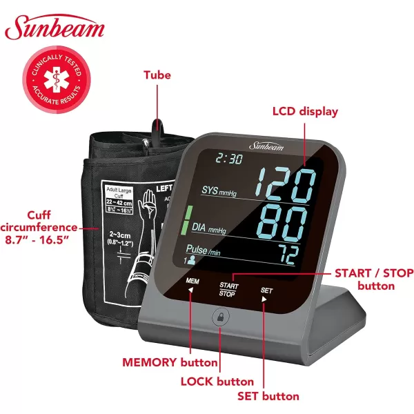 Sunbeam Easy amp Accurate Upper Arm Blood Pressure Monitor at Home Health Comfortable amp Adjustable Cuff Large Simple to Read Backlit Display Batteries IncludedDeluxe