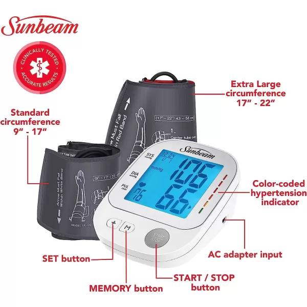 Sunbeam Easy amp Accurate Upper Arm Blood Pressure Monitor at Home Health Comfortable amp Adjustable Cuff Large Simple to Read Backlit Display Batteries IncludedUpgraded 2 Cuff