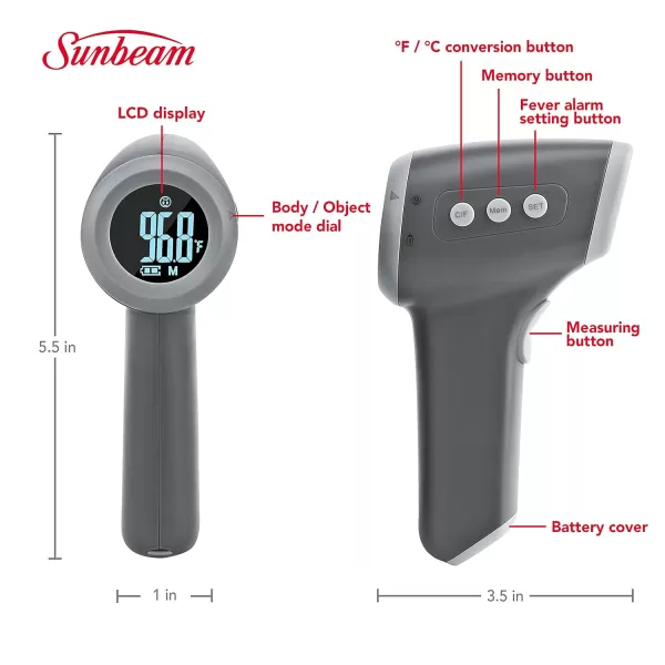 Sunbeam Touchless Digital Infrared Forehead Thermometer Body and Object Modes Instant and Accurate for Adults and Kids Audio Fever Warning Recalls Last 10 ReadingsBody  Object