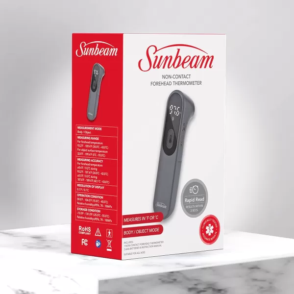 Sunbeam Touchless Digital Infrared Forehead Thermometer Body and Object Modes Instant and Accurate for Adults and Kids Audio Fever Warning Recalls Last 10 ReadingsCompact Body  Object