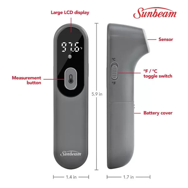 Sunbeam Touchless Digital Infrared Forehead Thermometer Body and Object Modes Instant and Accurate for Adults and Kids Audio Fever Warning Recalls Last 10 ReadingsCompact Body  Object